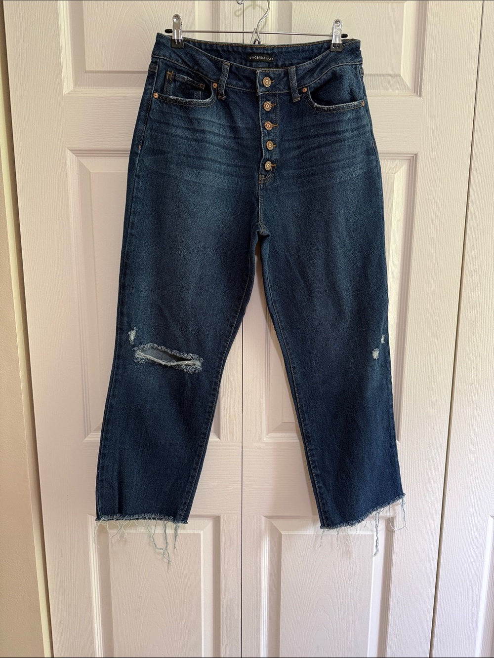 Sincerely Jules Dark Blue Distressed Wide Leg Jeans